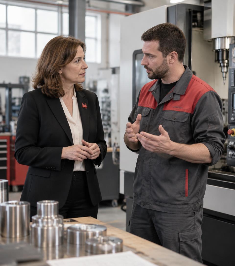 Dirigeante et technicien échangeant dans un atelier industriel